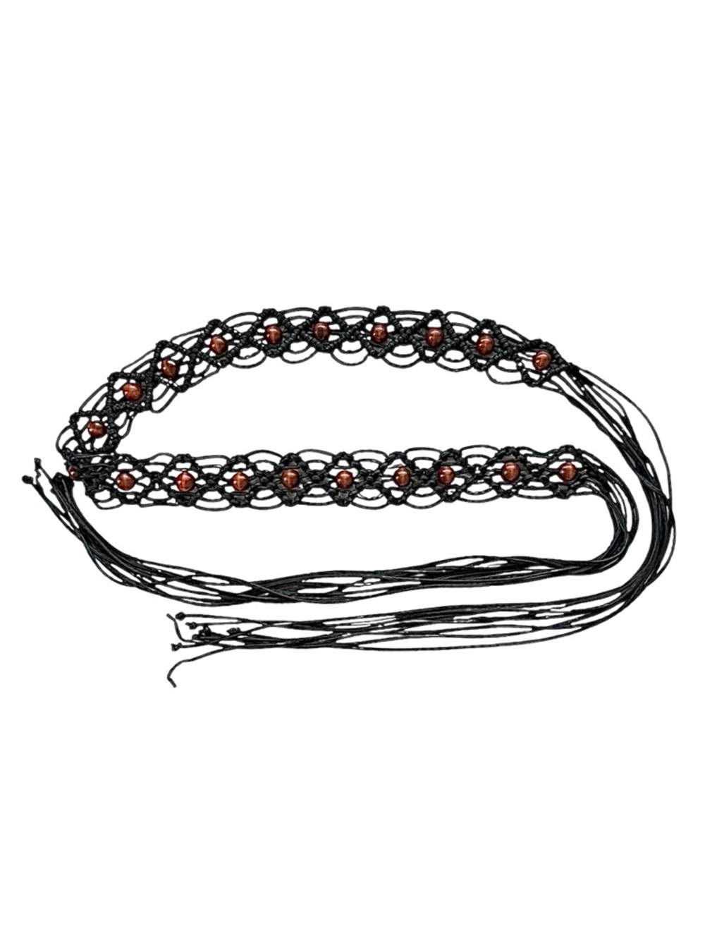 Genuine Black Leather Brown Wooden Beads Geometric Macrame Woven Belt